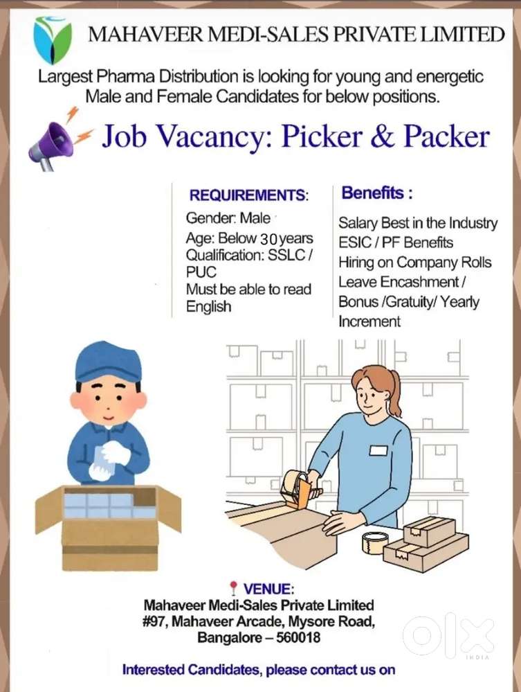 MEDICINE PICKING PACKING ( BANGALORE) only Male