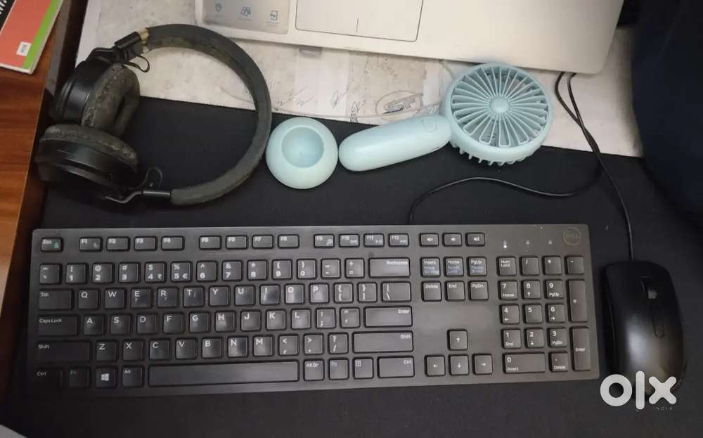 Headphone, Mouse, Keyboard and a small hand fan
