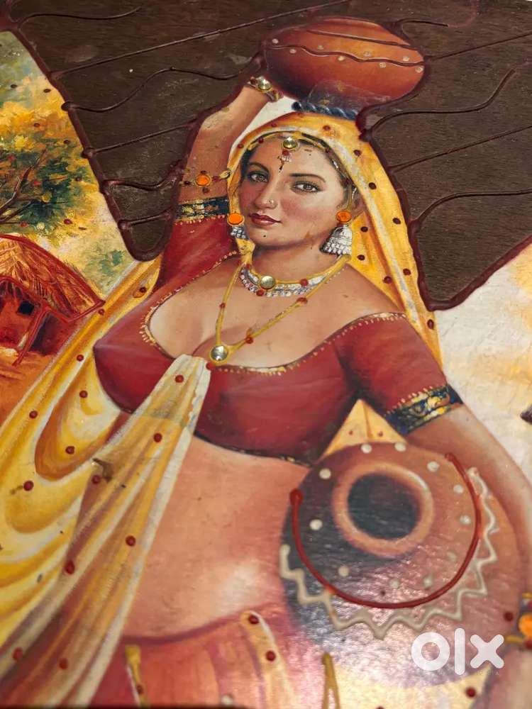 Vintage Rajasthani Folk Art Painting on Wooden Frame