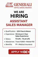 Kolkata/GENERALI CENTRAL INSURANCE/12THPASS/1YEAR EXP./3300TA/4.24LPA