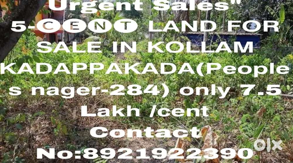 Land for sale in kollam kadappakada (Urgent sale)5Cent, 7.5Lakh /Cent