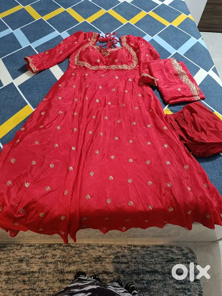 Red anarkali suit with pant and dupatta