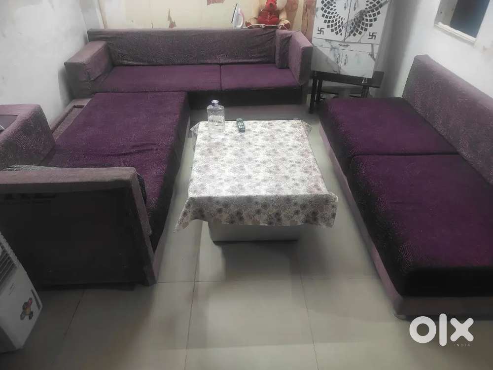 3-Piece Purple Sofa Set with Glass Table & Covers (Good Condition)