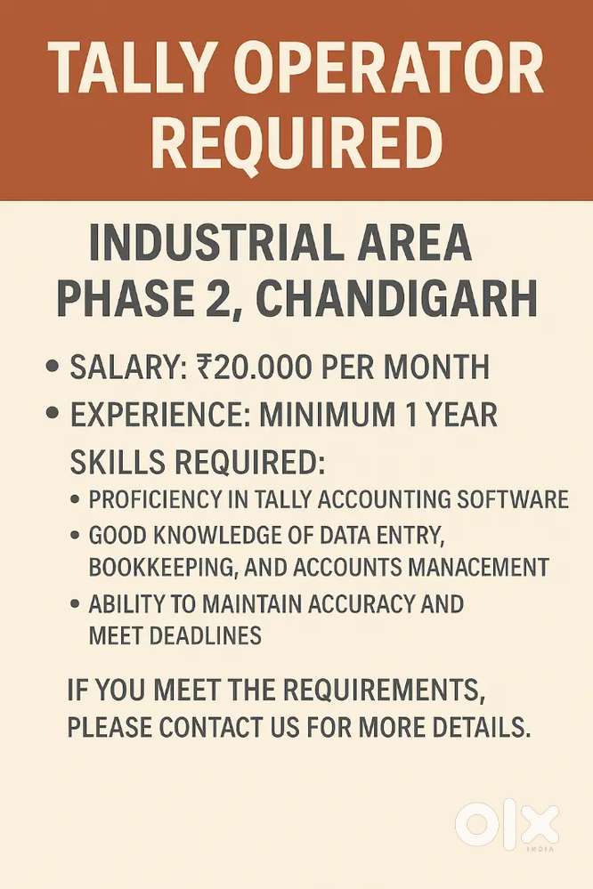 Urgent requirement for Tally Operator