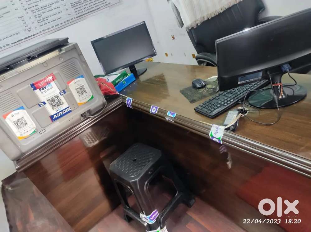 Complete emitra set up(Desktop comp,xerox machine,counter,chairs, gate