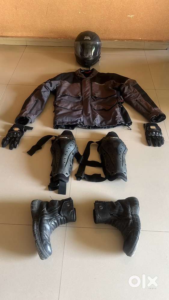 Riding jacket, knee guards, riding shoes and riding gloves