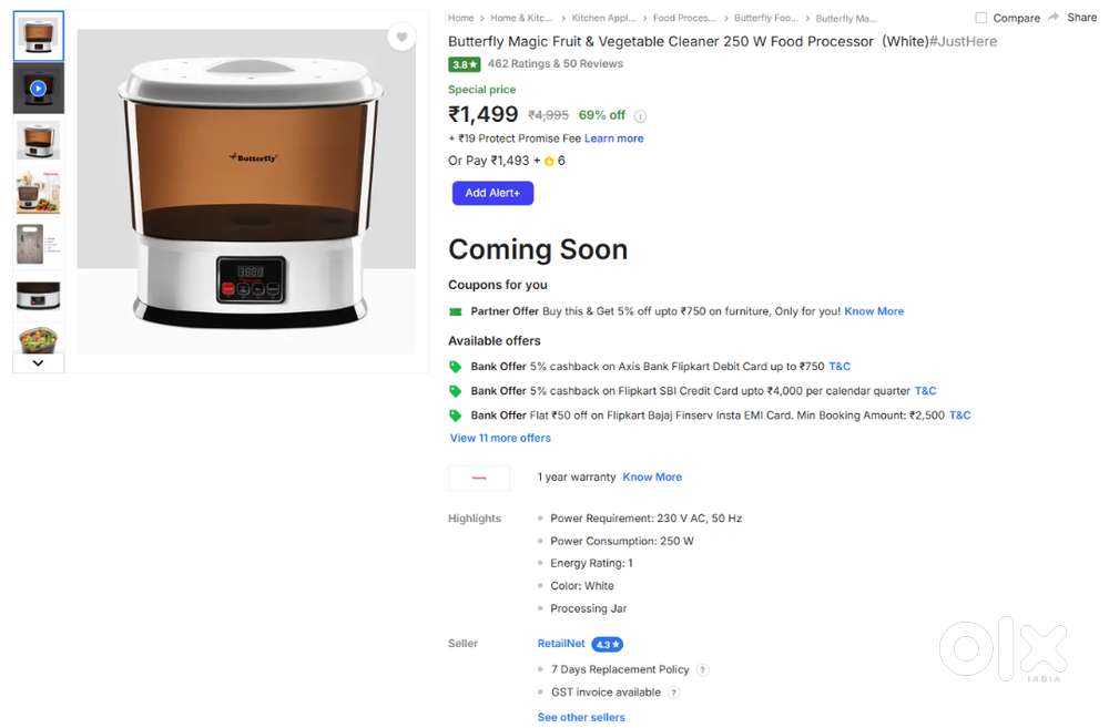 Butterfly Magic Fruit & Vegetable Cleaner 250W Food Processor (White)