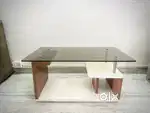 Modern Glass-Top Coffee Center Table with Wooden Base & Storage Shelf