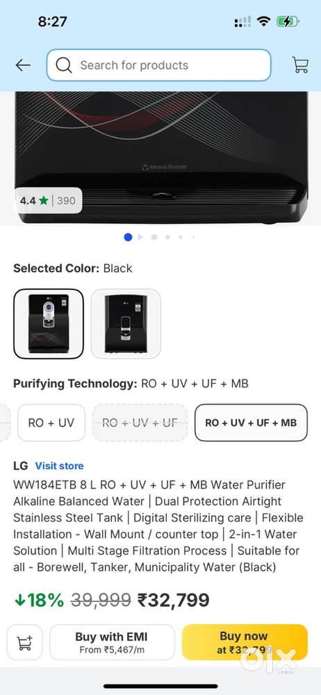 LG water purifier with RO + UV +UF + MB
