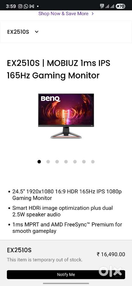 Benq Mobiuz 165 Hz 1080p monitor with FreeSync premium with 1ms.