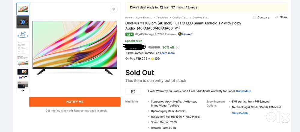 Oneplus Y1 40inch Full HD LED smart android TV