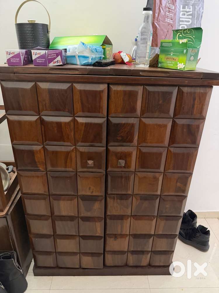 Solid Wood Bowley Bar cabinet with two high stools