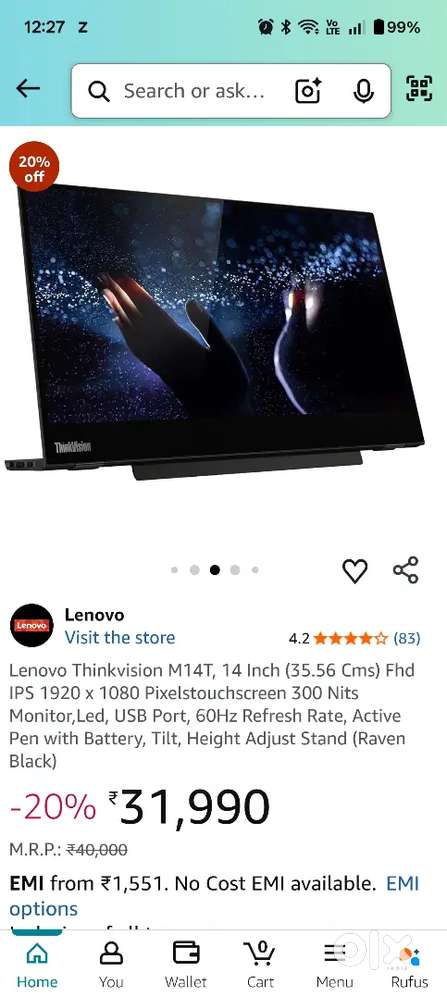 Lenovo ThinkPad M14t (14 inches) monitor full HD IPS Panel 5mm thick.