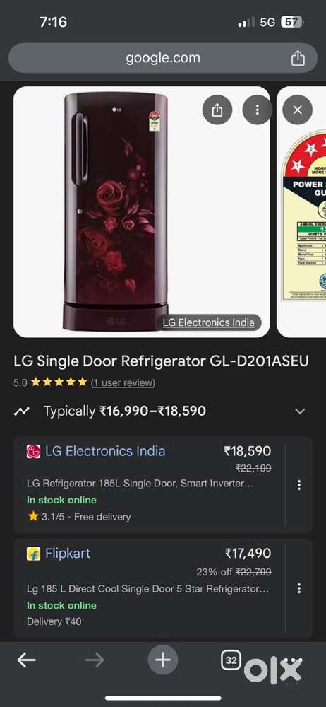 Lg single door fridge- 185L