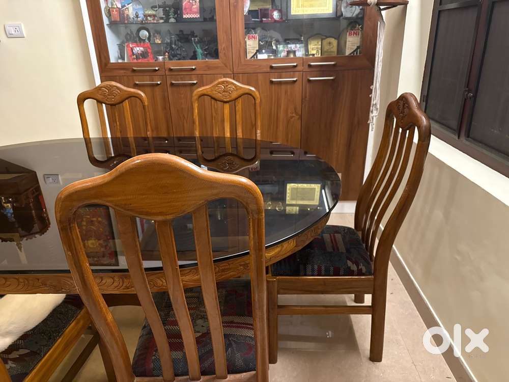 Teak wood glass top dining table 6 chairs