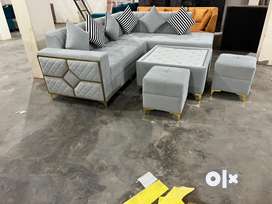 Brand New Diamond Frame L Shape Sofa Set with Table and 2 Puffies
