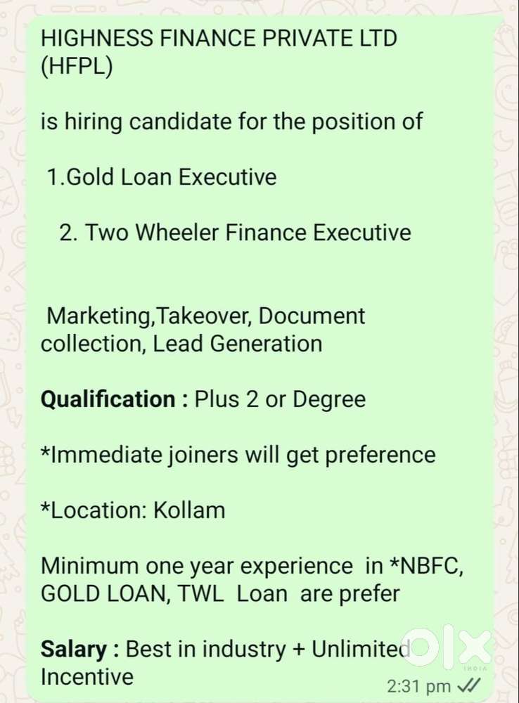 REQUIRED GOLD LOAN EXECUTIVE AND TWO WHEELER FINANCE EXECUTIVE