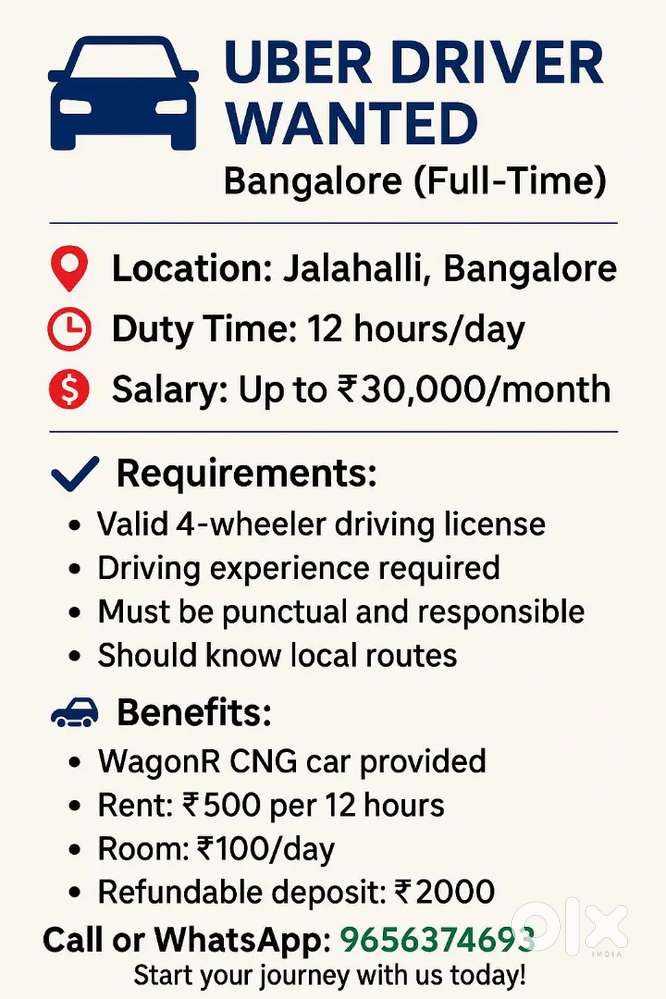 Uber driver vacancy in banglore