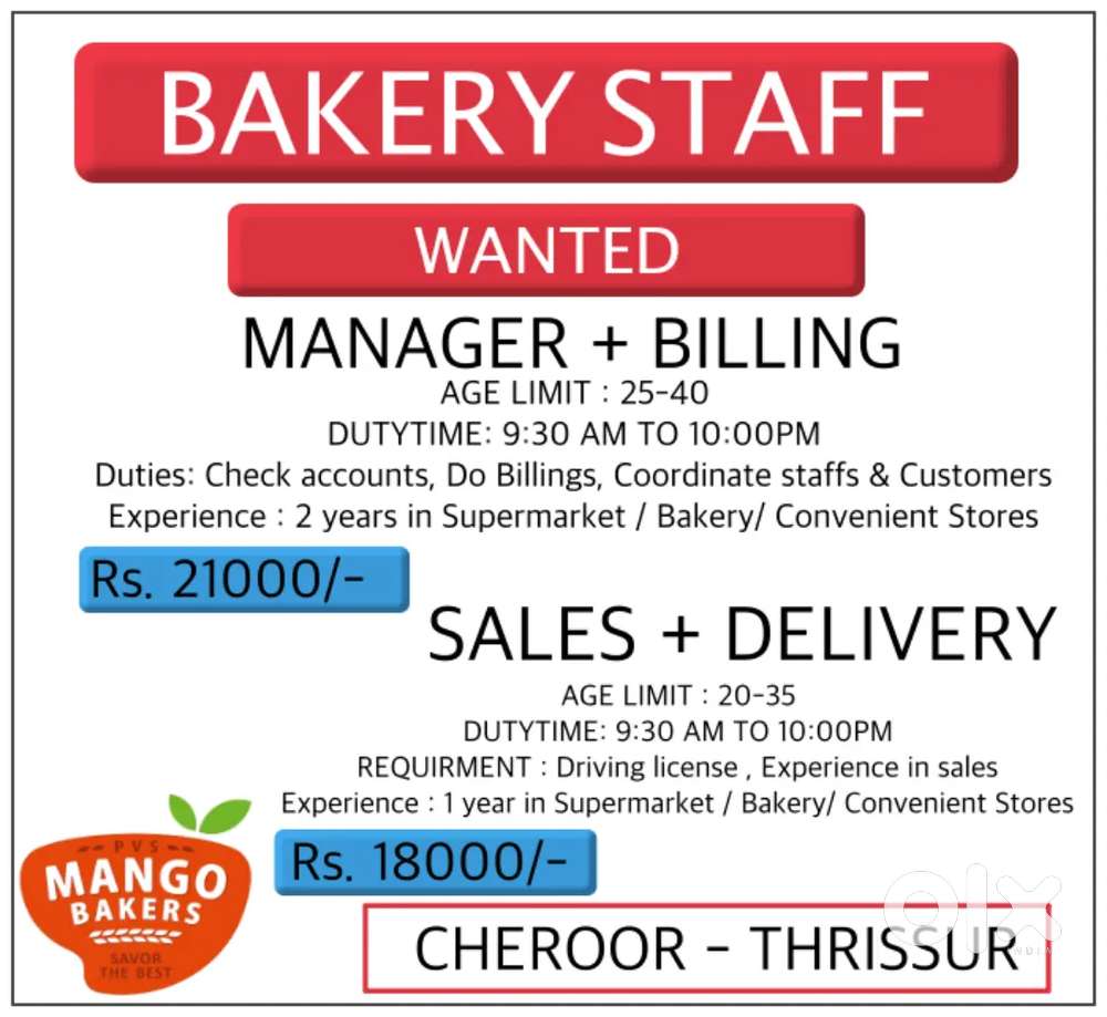 Bakery staff wanted to mango Bakers thrissur
