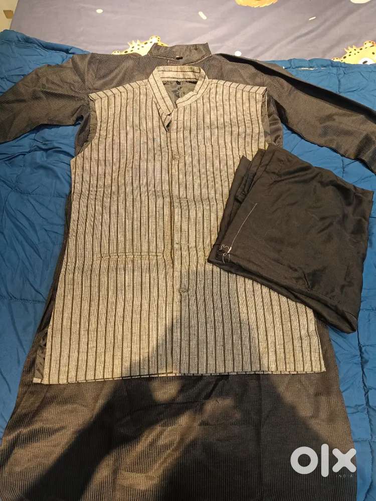 Black Kurta Pajama with Silver Designer Vasket