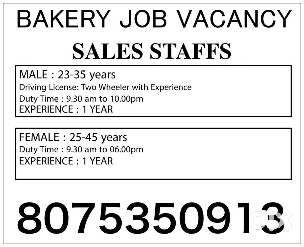 Staff wanted at mango bakers thrissur