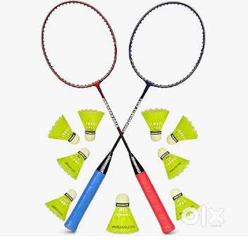 2 badminton rackets with 3 shuttlecocks