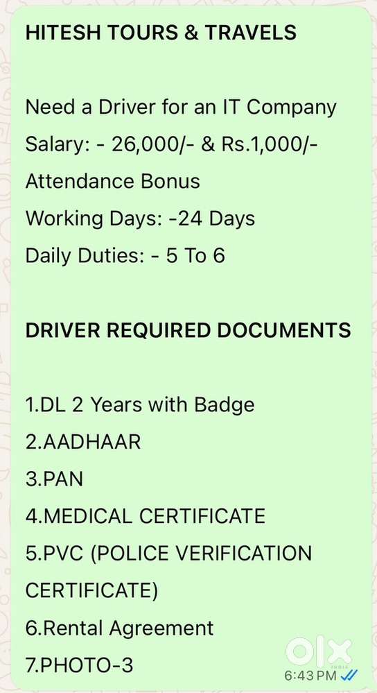 Need Experience Driver For IT company