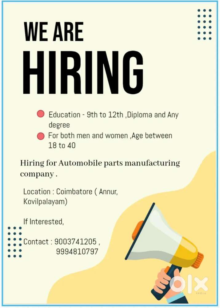 Hiring for Automobile parts manufacturing company