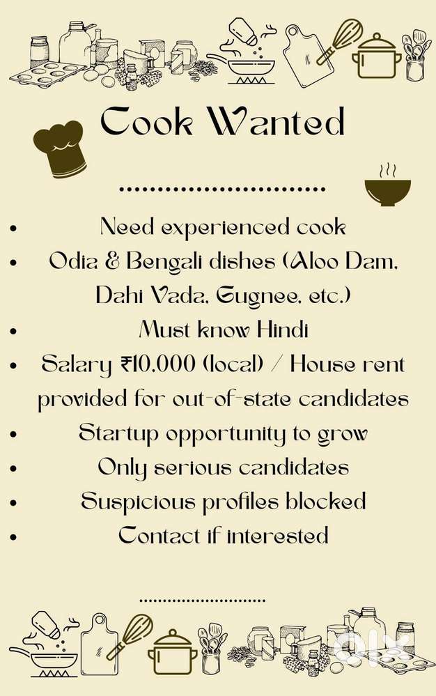 Experienced Cook Wanted (Odia & Bengali Cuisine)