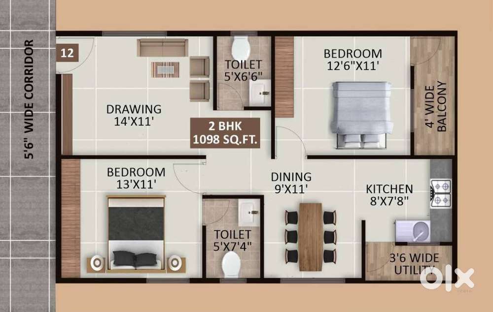 Super luxury 1098 sq.ft 2bhk flat @ Kalkere Main road