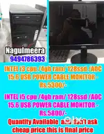 i3 4gb 250gb cpu 15.6 Aoc Monitor USB Power Rs.5300/-