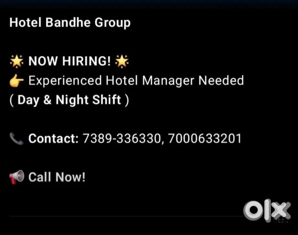 Hotel Manager Required (Day shift (Night Shift)