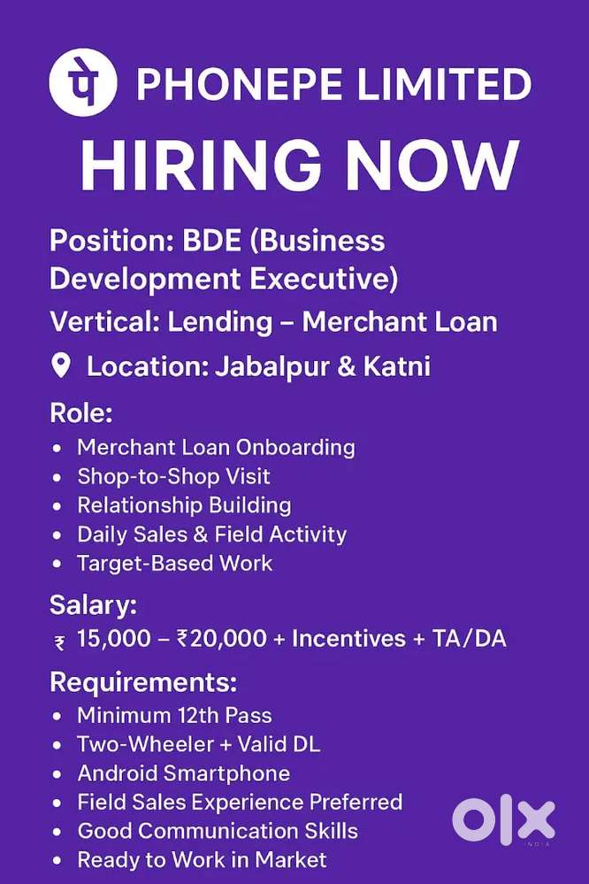 Phonepe BDE hiring - Jabalpur & Katni