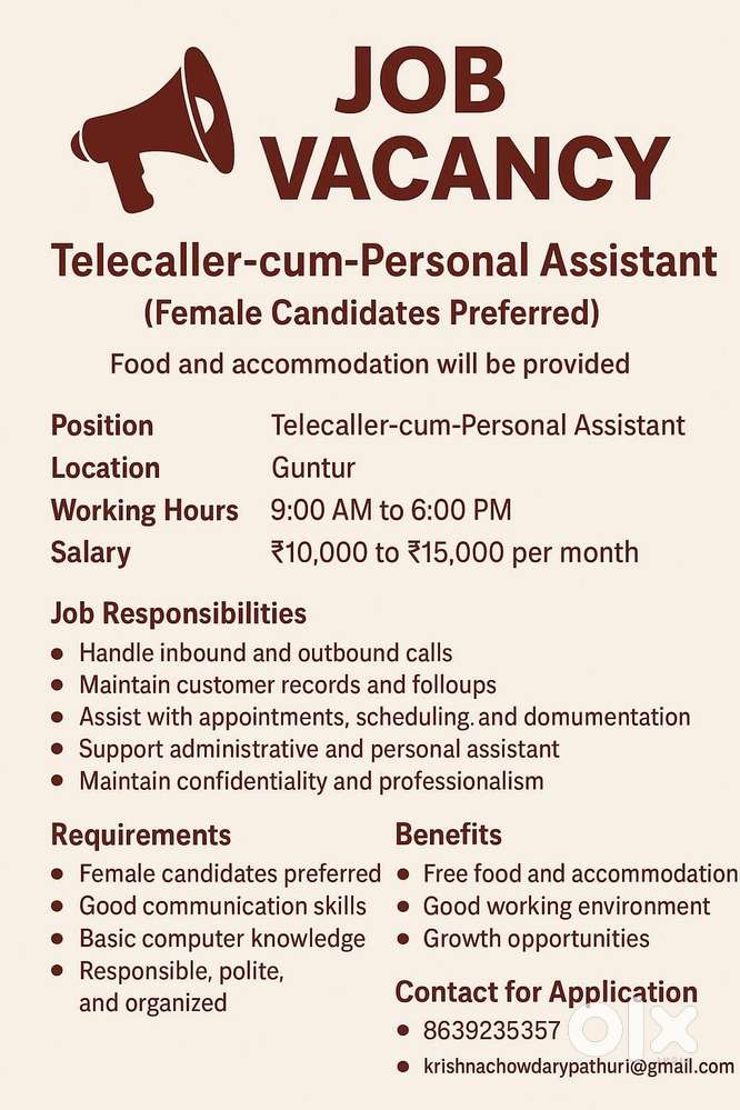 wanted lady tellecaller cum personal assistant
