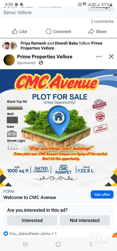 Vellore Ranipettai NEW CMC OPPOSITE near 1.5 km distances property
