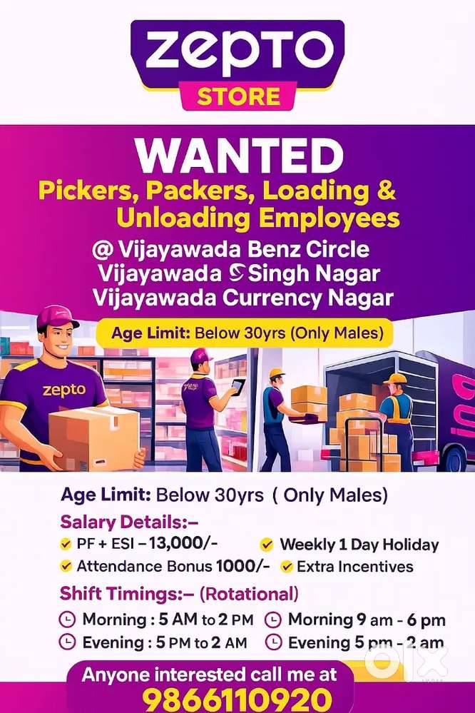 Wanted pickers, packers to Zepto store at Vijayawada Singh Nagar