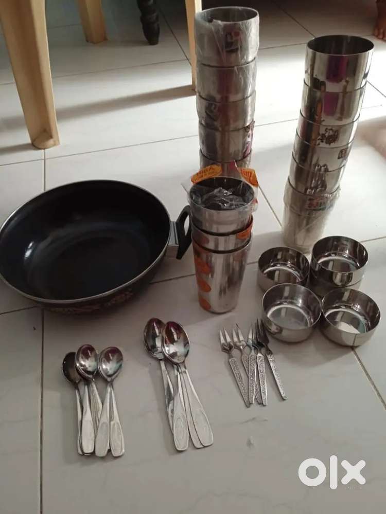 Kitchen utensils (kadai glass kattori spoon fork)
