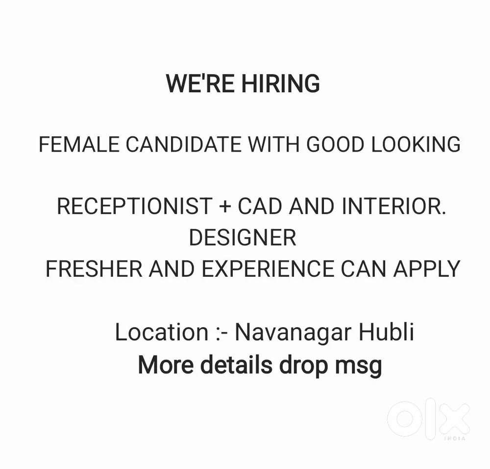 CAD and receptionist  fresher and experience @ Navanagar