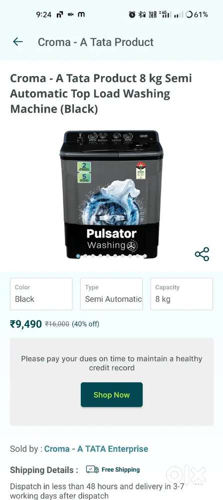 Croma - A Tata Product 8 kg Semi Automatic Top Load Washing Machine