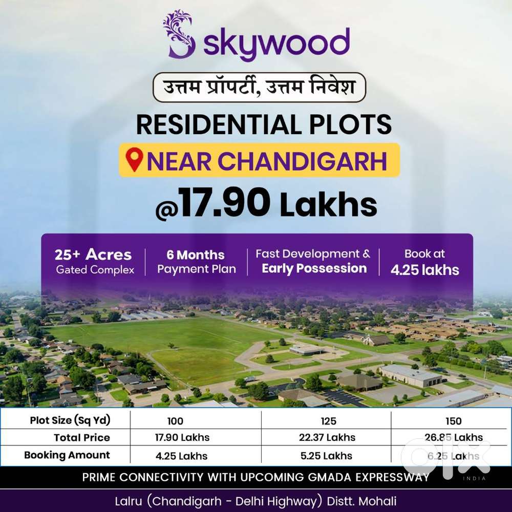 NEW PLOTS NEAR CHANDIGARH, 5 MONTH PAYMENT PLAN, 20+ACRE GATED SOCIETY