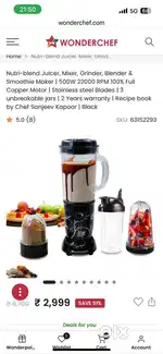 Wonder Chef Nutri Blend - Juicer Mixer/Grinder Blender & Smoothie make