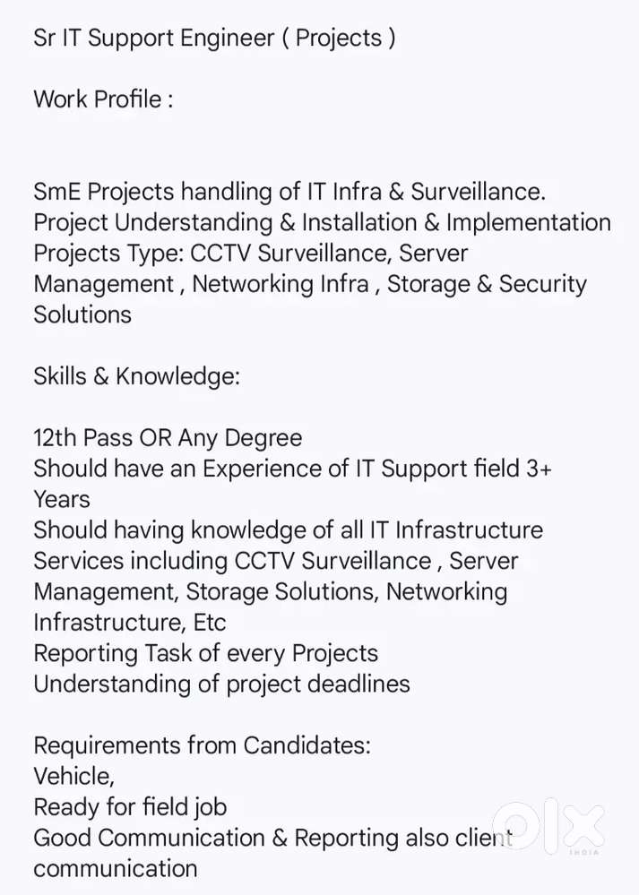 Sr IT Support Engineer ( Projects )