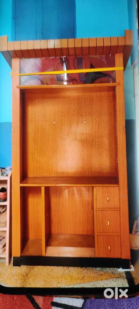 Teak ply laminated Showcase7'×3'6with glass shelf, drawers,TV cabinet
