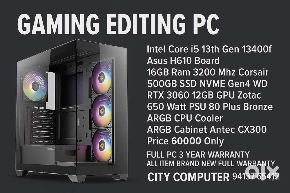 Gaming Editing PC i5 13th Gen RTX 3060 GPU 3 Year Warranty Full System