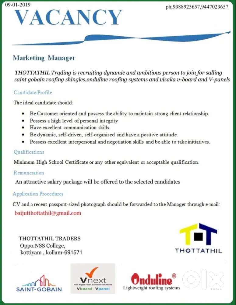 Vaccancy Alert..!
Urgently require marketing staff @Kottiyam