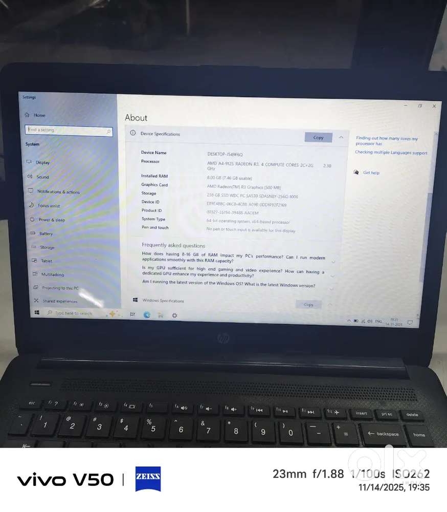 Hp Amd a4 8 gb ram 256 gb SSD w10