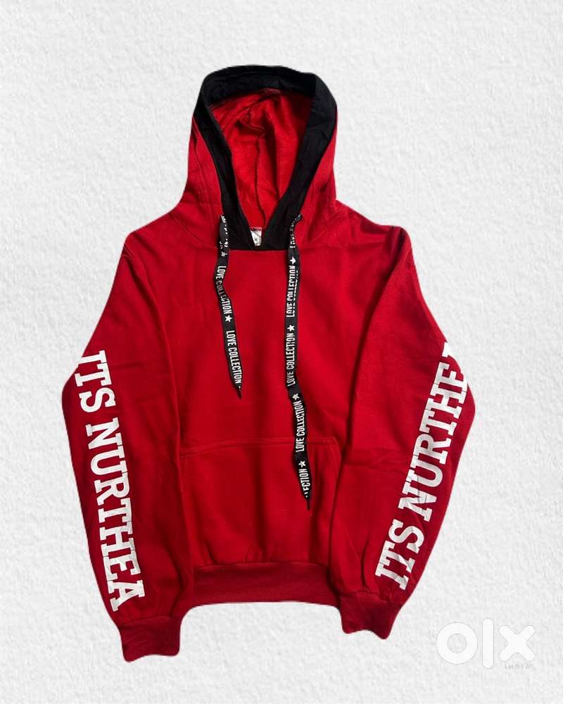 Red Print Hoodie – Black contrast hood  Size – S/M