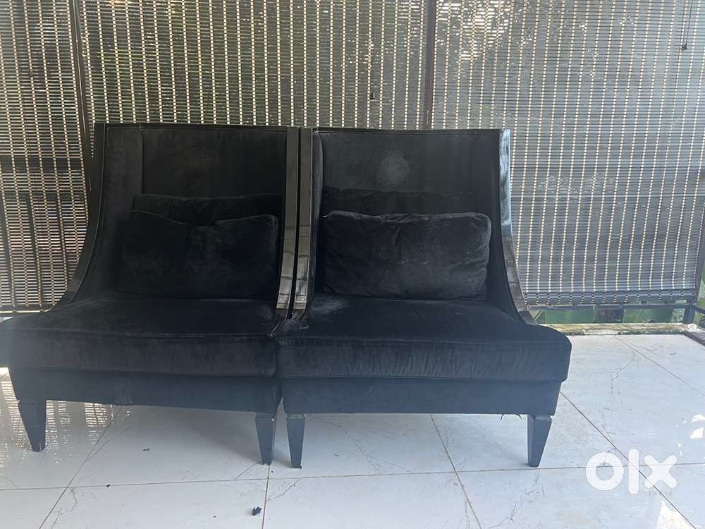 Pair Black Velvet High-Back Accent Chairs  Belar Style  Metal Trim