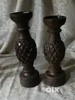 Antique pure teek wood candle pillars 32 & 30 cm.