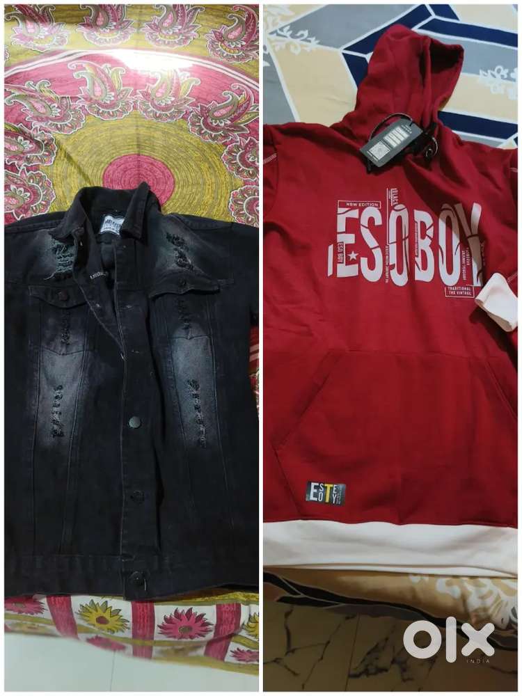 Arbia Funki Black Denim Jacket size L And Red New Hooded Sweatshirt XL